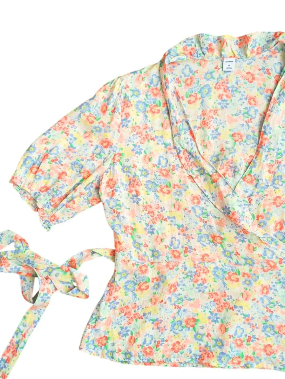 Old Navy Floral Wrap Top - Short Sleeve V-Neck Tie Waist Blouse Size M